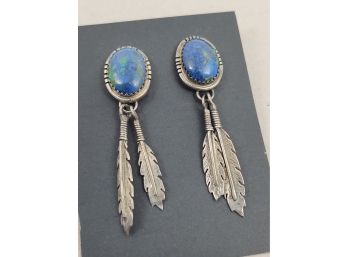 VINTAGE NAVAJO NATIVE AMERICAN STERLING SILVER AZURITE MALACHITE FEATHER EARRINGS