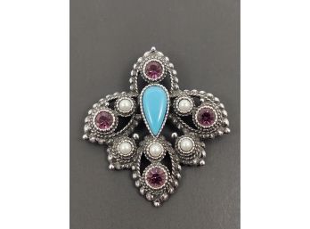 VINTAGE SARAH COVENTRY SILVER TONE FAUX PEARL & TURQUOISE RHINESTONE BROOCH / PIN PENDANT