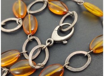 VINTAGE MID CENTURY MODERN STERLING SILVER AMBER NECKLACE
