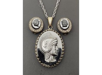 VINTAGE SILVER TONE MARCASITE HEMATITE CENTURIAN SOLDIER CAMEO NECKLACE & EARRINGS SET