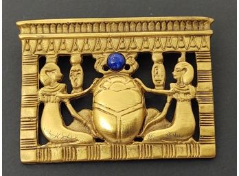 VINTAGE DESIGNER SIGNED GOLD TONE LAPIS LAZULI EGIPTIAN REVIVAL SCARAB BROOCH / PIN