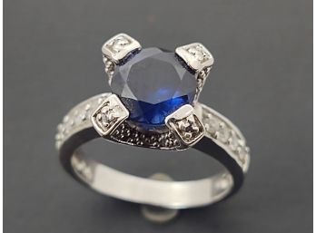 VINTAGE STERLING SILVER BLUE SAPPHIRE & CZ RING SIZE 7 1/2