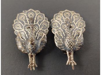 VINTAGE SIAM STERLING SILVER NIELLO PEACOCK CLIP ON EARRINGS