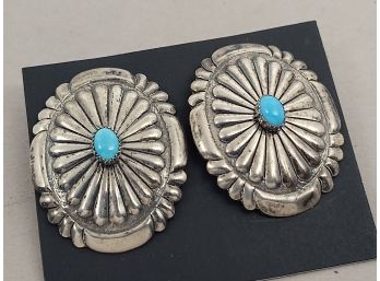 VINTAGE NAVAJO NATIVE AMERICAN STERLING SILVER TURQUOISE LARGE CONCHO EARRINGS