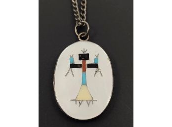 VINTAGE ZUNI NATIVER AMERICAN STERLING SILVER MOTHER OF PEARL INLAID DANCING KACHINA PENDANT NECKLACE