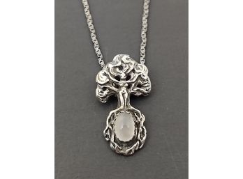 VINTAGE STERLNG SILVER MOON STONE NUDE MOTHER NATURE TREE OF LIFE PENDANT NECKLACE