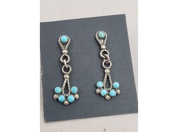VINTAGE ZUNI NATIVE AMERICAN STERLING SILVER TURQUOISE EARRINGS