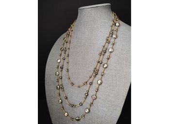 VINTAGE STERLING SILVER TAHETIAN BUTTON PEARL TRIPLE STRAND NECKLACE