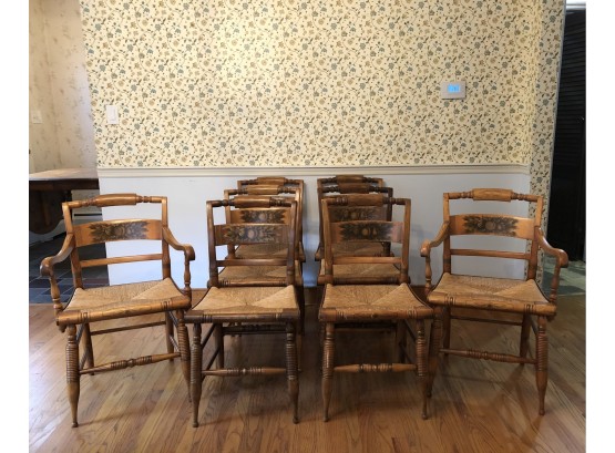 Set Of 8 Antique Hitchcock Chairs With Rush Seats