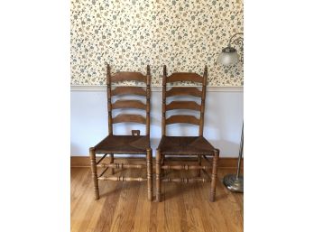 Antique  Pair Of Ladder Back Chairs W/Rush Seats