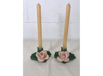 Capodimonte Bisque Porcelain Hand Painted Rose Themed Candlesticks, Made In Italy