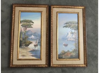 Pair Of Signed Original Gouache Style Oil Paintings Of The Italian Seaside - Signed Leoni Or A Leoni