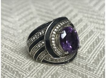 925 Sterling Ring With Amethyst & Diamond Chips - Art Deco Feel - 8g