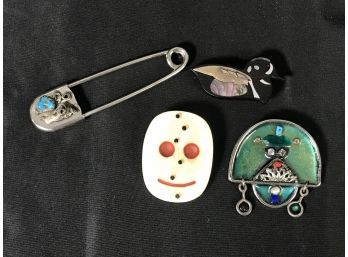 4pc Lot Pins & Brooches - Owl Mask, Ebony Duck, Signed Basket And Large Pin