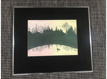Maine Signed Loon Block Print On Paper - Gwen Frostic (American 1906-2001) Single Mat, No Glass, Metal Frame