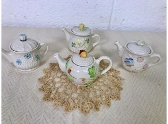Belleek Porcelain  4 Piece Miniature  Teapot Set From Ireland ,  Appears Unused Plus Vintage Doily
