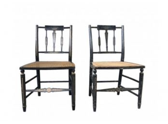 Pair Of Antique Hitchcock Style Chairs With Cane Seats - Painted Details And Lightweight