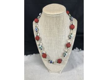 Vintage Hand Crafted Necklace By J Square - Hand Painted Beads, Clear And Coral -Clasp Stamped Silver