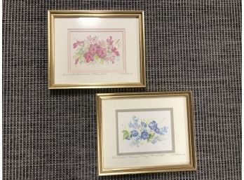 Pair Of Flowers Of Bermuda Signed Watercolor Prints - C. Holding  - Wooden Frame With Gold Tone