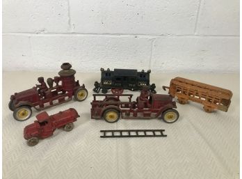 Antique Cast Iron Toy Trucks  And Trains - Estimated Circa 1930s - 5pc Set Plus Ladder