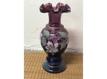 Fenton Art Glass Vase - Hand Painted And Artist Signed With Original Sticker - Appears Unused