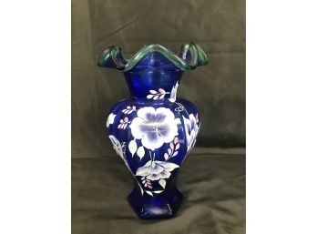 Fenton Ruffle Edge Vase With Hand Painted Detail - Signed With Original Box & Original Sticker