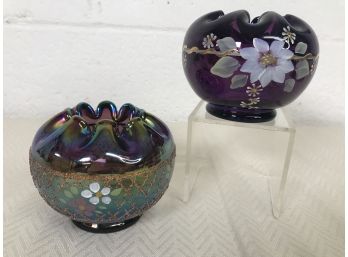 2 PC Lot Of Fenton Art Glass Royal Purple Rose Bowl & Plum Carnival Bowl - Signed