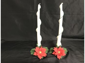 Capodimonte Poinsettia Candle Stick Holders - Bisque Porcelain - Made In Italy