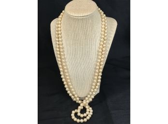 High Quality Faux Pearl Double Strand Necklace With Jade Look Clasp - 28'L
