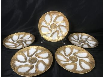 5 Piece Set Vintage Oyster Dishes With Gold Rim And Accents - No Brand Mark