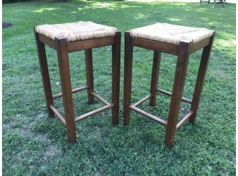Pair Of Wood And Rush Barstools - 24' Seat Height