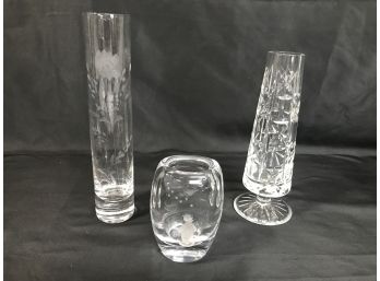 3 Piece Vase Trio - Etched Crystal, Swedish And Crystal Bud Vase