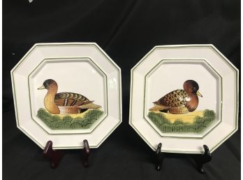 Pair Of Hand Painted Octagonal Shaped Duck Plates With Wooden Plate Stands