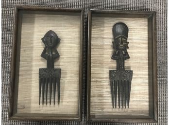Pair Of Wooden African Combs In Shadow Boxes - Authentic