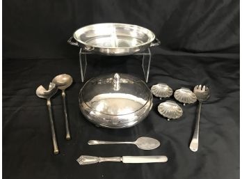 Elegant Serving Lot - Sterling Knife, Silverplate Partitioned Dishes, Salad Servers And More