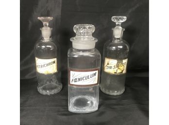 3 Piece Set Of Antique Apothecary Bottles With Stoppers - Two Marked 1891