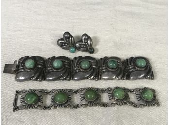Two Mexican Silver Bracelets & Earring Set  - Green Stones