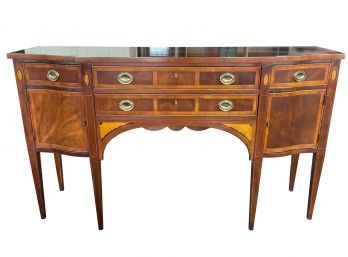 Hekman Mahogany Sideboard Buffet With Inlaid Wood, Felt Line Drawers And Brass Pulls