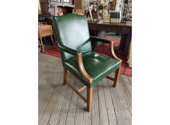 Vintage Green Leather Side Chair With Brass Detailing On The Back