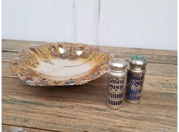 Silverplate Candy Dish And Plate/Blue Glass Salt And Pepper Shakers - ELM