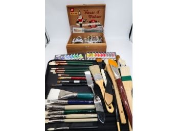 Large Lot Of Art Supplies And Paint Brushes