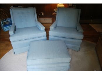 Pair Of Vintage Blue Upholerstered Chairs And Ottoman