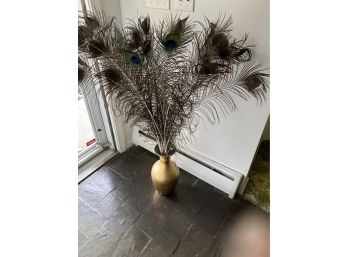Decorative Gold Vase W/ Peacock Accents