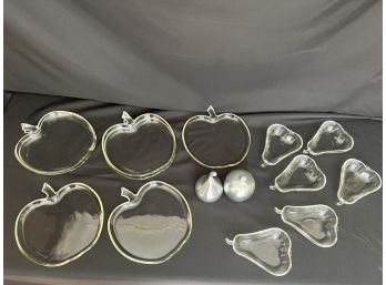 Apple & Pear Shaped Glass Dish Sets With Aluminum Pear & Apple Duo