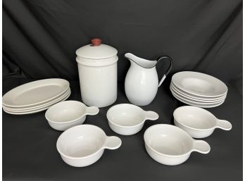 Collection Of White Dinnerware By Homer Laughlin, CorningWare With Enamelware Pitcher & Cannister
