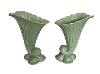 Striking Pair Of 1930s-1940s Seafoam Green Ceramic Horn Of Plenty Vases