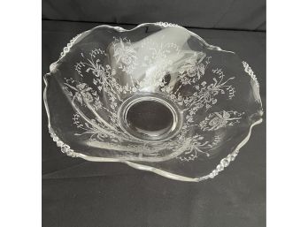 Beautifully Etched Large Vintage Wavy Glass Bowl