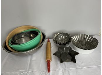 Collection Of Vintage Baking Tins, Bowls & Rolling Pin