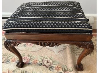 Antique Chippendale Style Bench With Black Ticking Stripe Floral Upholstery