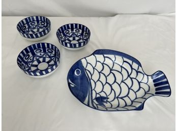 Dansk Hand Painted Blue & White Fish Platter With Three Dishes